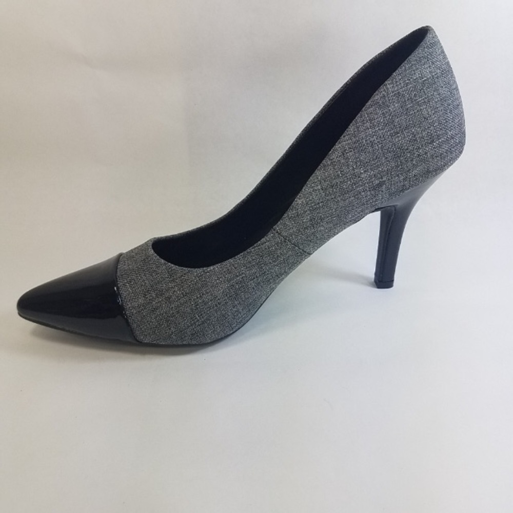 Marbella Gray Tweed Black Patent Catie Pumps